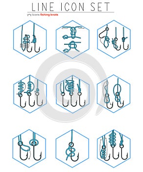 Vector set of fishing hooks line icons with