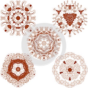 Vector set from five brown round mandalas