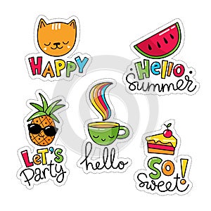Vector set of five cool stickers, patches with food and summer symbols. photo