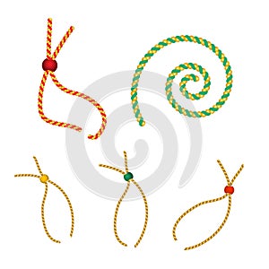 Vector set of five gold christmas gift strings shaped eyelet for tag with beads