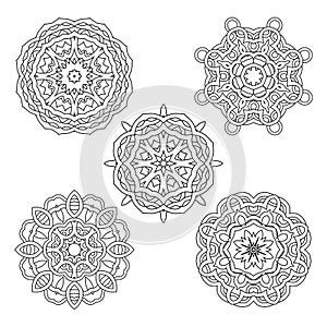 Vector set from five round black and white mandalas.