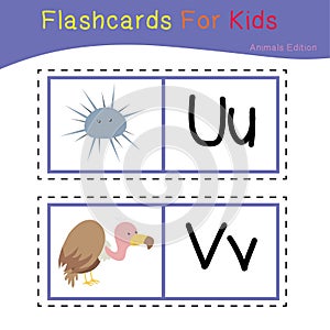 Vector set of flashcards for kids with cute animal themes. Alphabet for kid education. Learn letters with funny zoo animals for ki