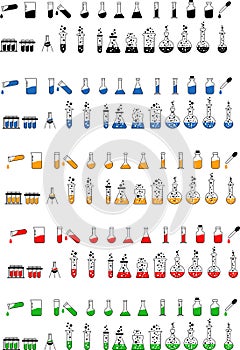 Vector set of flasks, beakers and different colour liquids