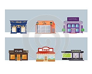 Vector set of flat buildings storefronts. Colorful and bright street with shops and lights in different style.