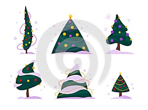 Vector set of flat Christmas trees different shapes decorated with garlands and balls isolated on white background.