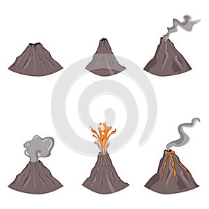 Vector Set of Flat Color Volcano Illustrations