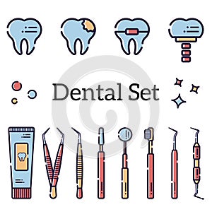 Vector set of flat dental instruments and teeth with caries, braces and an implant. Isolated objects on white background in a line
