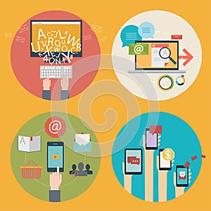 Vector set of flat design concept icons for blogging, web design, seo, social media. Business concepts - online shopping