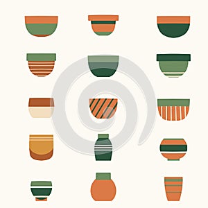 Vector set of flat hand drawn ceramic flowerpots isolated from background. Cozy collection of various colorful clay pots icons for