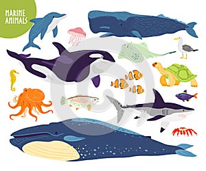 Vector set of flat hand drawn cute marine animals: whale, dolphin, fish, shark, jellyfish.