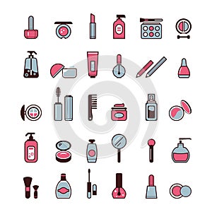 Vector set of flat icons of beauty products, cosmetics and makeup