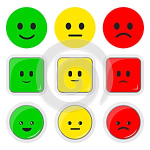 Vector set flat illustration of feedback rate icon, round square button, kawaii emoticons positive, neutral and negative