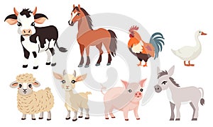 Vector set of flat illustrations. Farm animals on white background, domestic animals. Horse, cow, sheep, goat, goose