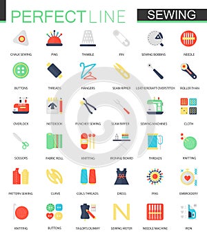 Vector set of flat needlework and sewing equipment icons.