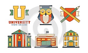Vector set of flat outline icons related to education theme. Buildings and owl in mantle. Original emblems for