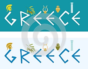 Vector set of flat style banners with the word Greece and Greek symbols