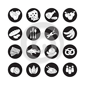 Vector set flat web icons with food. Drawn cartoon black and white foodstuffs long shadow in round frame for internet, mobile app