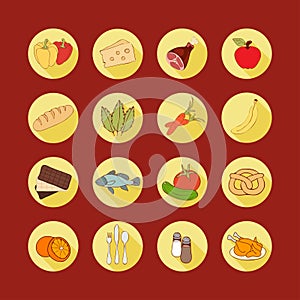 Vector set flat web icons with food. Drawn cartoon multicolored foodstuffs long shadow in round frame for internet, mobile apps,