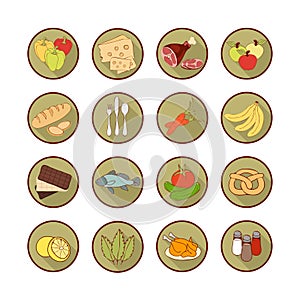 Vector set flat web icons with food. Drawn cartoon multicolored foodstuffs long shadow in round frame for internet, mobile apps,