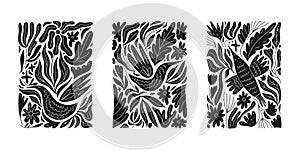 Vector set of floral art with birds illustrations. Black and white silhouette boho posters, prints with leaves. Collage