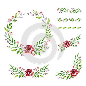 Vector Set of floral branch, wreaths, heart. Flower pink rose, leaves. Wedding concept. Floral poster, invite