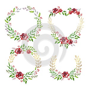 Vector Set of floral branch, wreaths, heart. Flower pink rose, leaves. Wedding concept. Floral poster, invite