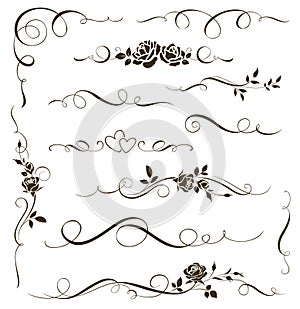 Vector set of floral calligraphic elements, dividers, ornaments with roses. Flowers silhouettes photo