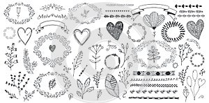 Vector set of floral decor, hand drawn doodle frames, dividers, borders, elements. Isolated.