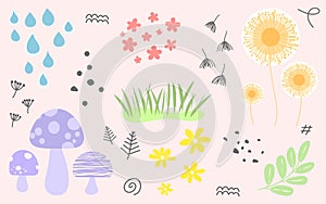 Vector set of floral elements with hand drawn flowers and leaves. Vintage flower graphic design. Herbs and wildflowers collection.