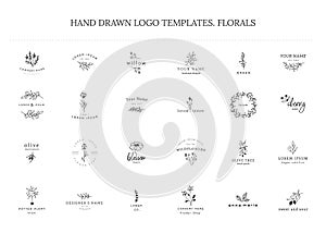 Vector set of floral hand drawn logo templates in elegant and minimal style.