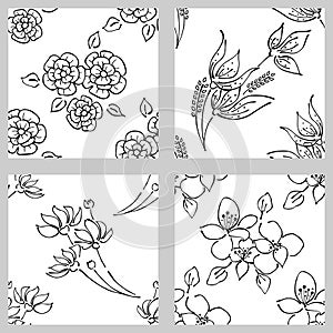 Vector set of floral illustration. Black and white seamless patterns with bouquet with flowers, leaves, decorative elements. Hand