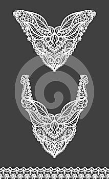 Vector set of floral necklines and lace border design for fashion. Flowers and leaves neck print. Chest lace embellishment photo