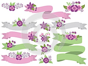 Vector set of floral pastel ribbons decorated with flowers and bouquets