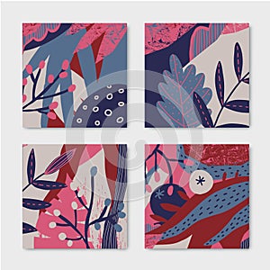 Vector set floral stylized patterns, cards, flyers, brochures. Collage art contemporary background, print. Berries