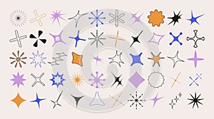 Vector set of flower and star shapes. Y2k shapes of shine, sun, sunbeams, flare and glares