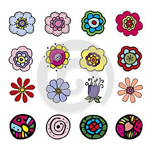 Vector set of flowers and abstract elements in doodle style.