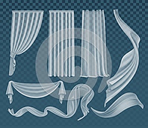 Vector set of fluttering translucent white cloths, soft lightweight clear material and curtains isolated on background photo