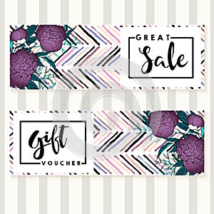 Vector set of flyer and gift voucher for great sale. Purple peonies and chevron brush spot in trendy pastel colors.