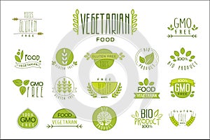 Vector set of food labels with text. Vegetarian nutrition. Gluten free. Organic and healthy eating. Emblems for packing