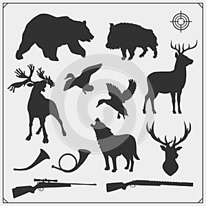 Vector set of Forest animals silhouette. Hunting club design.