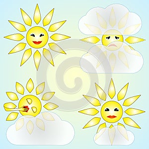Vector set of four abstract weather icons with sun