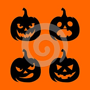 Set of black silhouettes of jack-o`-lanterns Halloween pumpkins on orange. Vector illustration.