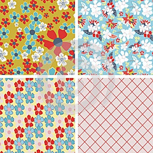 Vector set of four floral line art seamless pattern background with abstract floral elements.