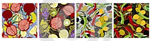 Vector set of four seamless abstract patterns with fruits and vegetables