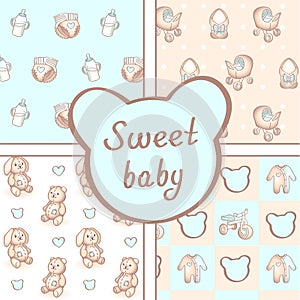 Vector set of four seamless baby boy patterns. Background for happy birthday or invitation card.