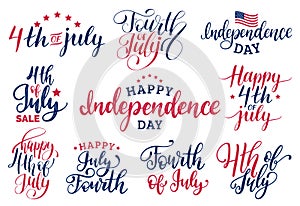 Vector set Fourth of July hand lettering inscriptions for greeting cards etc. Happy Independence Day calligraphy. photo