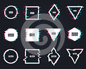 Vector set of frames in distorted glitch style. Circle, square, triangle, rhombus in distorted glitch style.