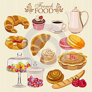 Vector set of French cuisine. National sweet food of France. Icons for menu