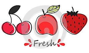 Vector set of fresh apple, cherry and strawberry. Hand-drawn set of fruit and berries