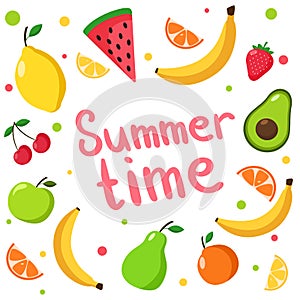 Vector set with fruits. Summer illustration Isolated on white background. Fruit banner